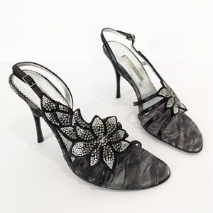Marino Fabiani Crystal Floral Black‎ Strappy Stiletto Heels IT 37 US 7 Elegant